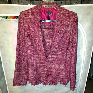2 piece fusia, white, black tweed skirt suit with fringes.